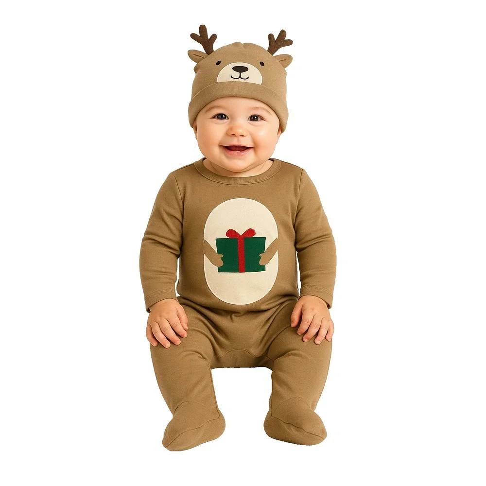 Carter's Baby Boys 2-Piece Reindeer Coverall & Hat Set for Christmas Sz 3M Brown